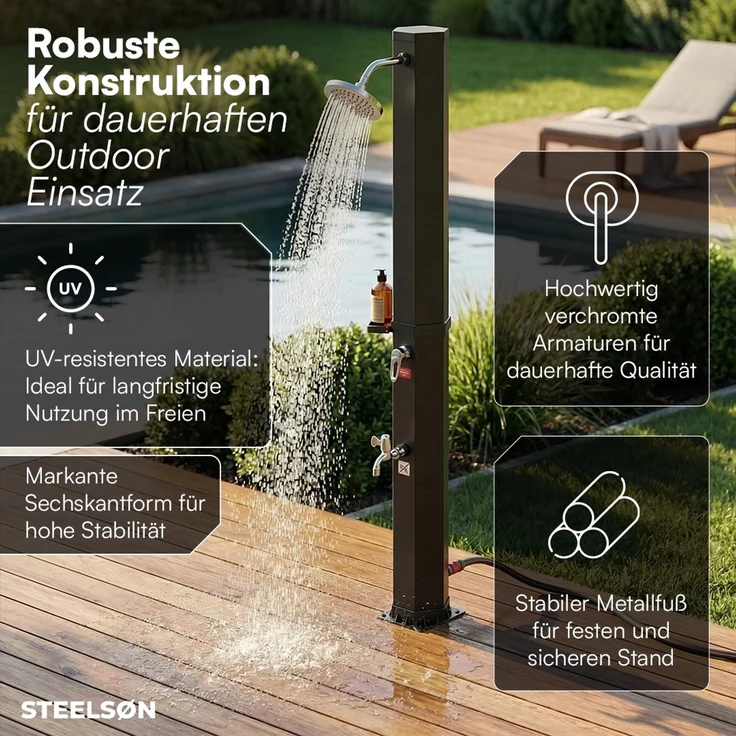 STEELSØN 'Xypher' Solardusche 60L, hexagon, schwarz, warmes Wasser bis 60°C, schwankender Regenduschkopf und Wasserhahn, Gartendusche inkl. Schutzhaube – Bild 5