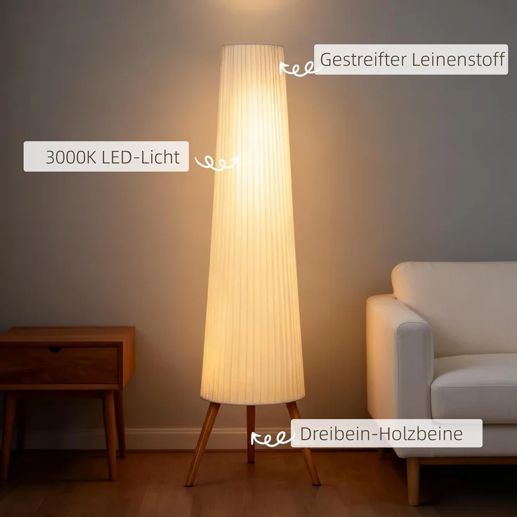 HOMCOM Stehlampe Dimmbar Stehleuchte mit Dreibein, Fußschalter, Dimmfunktion, LED fest integriert, Warmweiß, für Wohnzimmer Schlafzimmer, Weiß – Bild 4