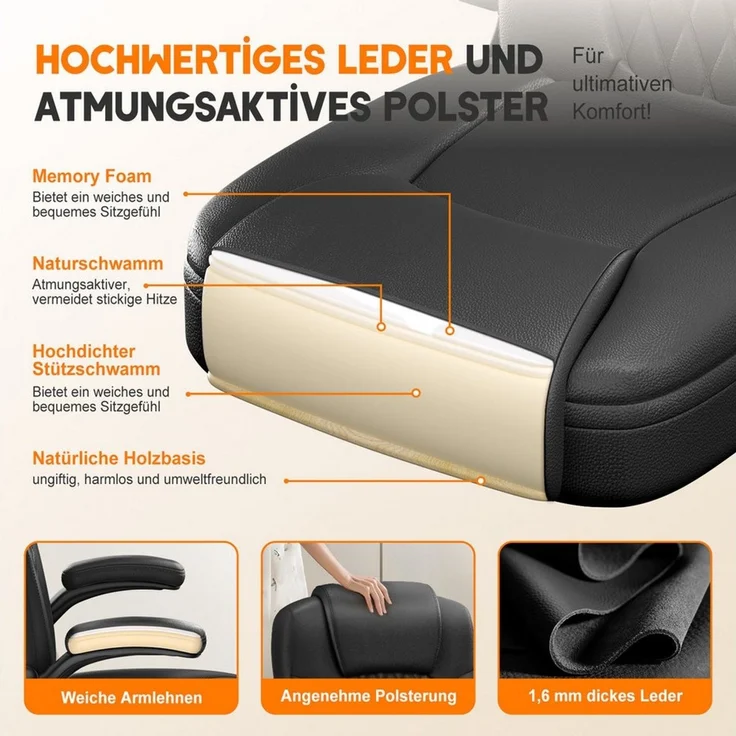 Homimaster Bürostuhl Ergonomisch, Kunstleder Schreibtischstuhl 90° Klappbaren Armlehnen (Schreibtisch Stuhl 90-120° Wippfunktion, Ergonomischer Bürostuhl mit Lendenwirbelstütze), Schreibstuhl Höhenverstellbar, 150kg Belastbar – Bild 3