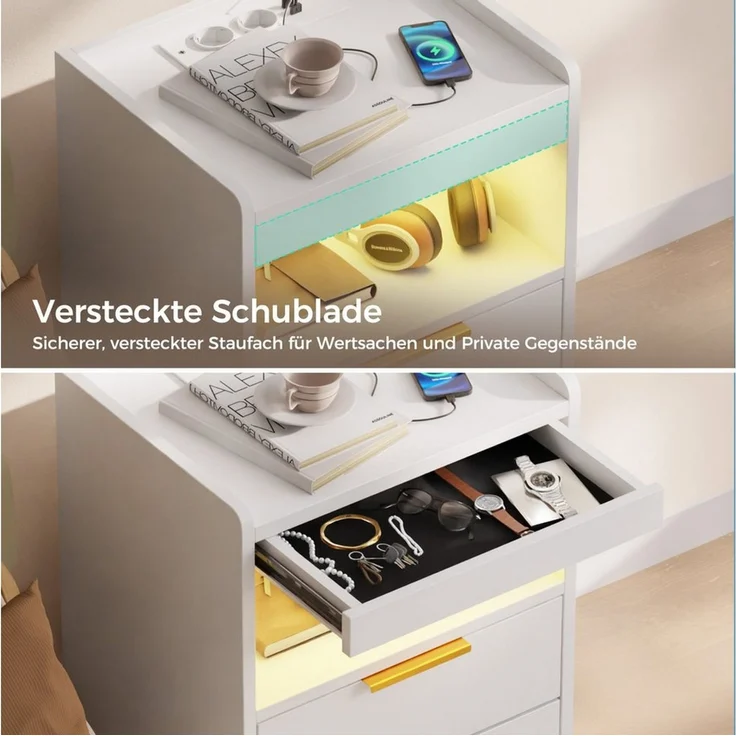 Mondeer Nachttisch (2 St) LED Nachtkommode (Beistelltisch mit Steckdosen), mit LED-Beleuchtung & 2 USB Ladestation, 3 Schubladen – Bild 4