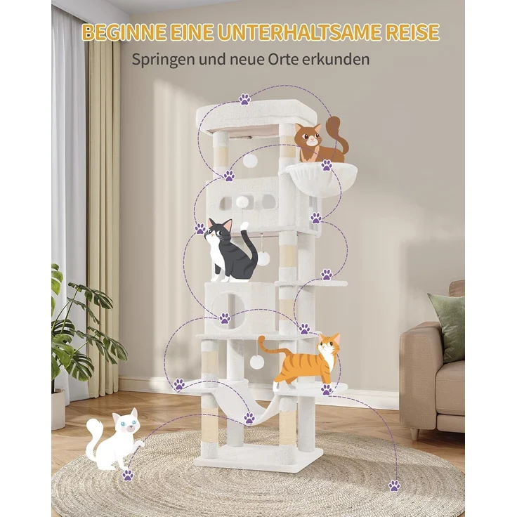 Kratzbaum groß, 170 cm hoch, Katzenbaum, mit 8 Kratzbäume, 2 Höhlen, groß Plattformen, Waschbare Matte, Hängematte, Plüschbälle, mehrstöckiger katzenkratzbaum, Cremeweiß – Bild 4