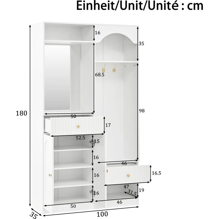 DESVIAE Garderobenschrank mit Sitzbank, Spiegel und LED-Beleuchtung 100x180x35 cm MDF Weiß – Bild 10