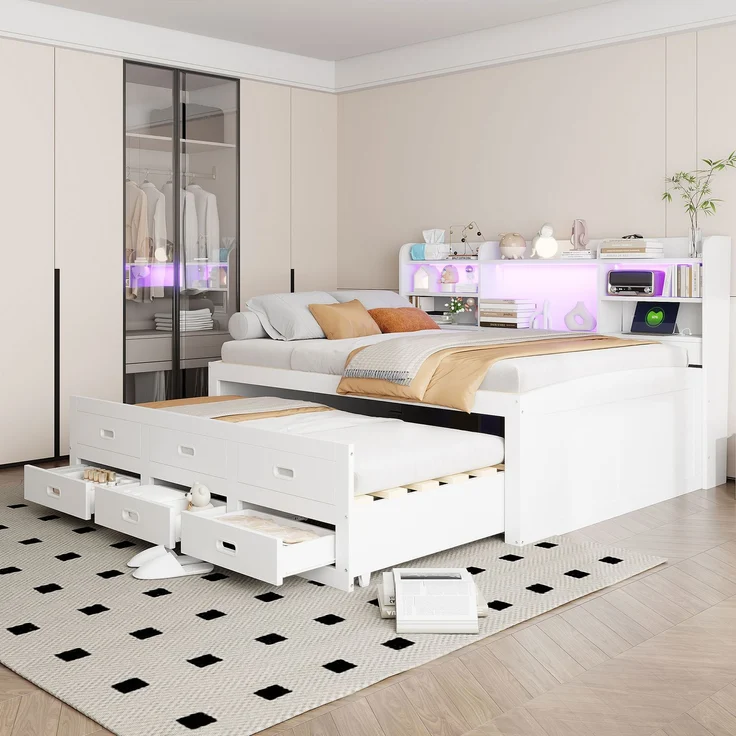 Schlafsofa, Daybett, Tagesbett, 140 x 200cm, Mit LED-Leuchten, 3 schubladen, Nachttischablage, Multifunktionales ausziehbares bett mit usb+type-c, Ohne matratze, Weiß – Bild 5