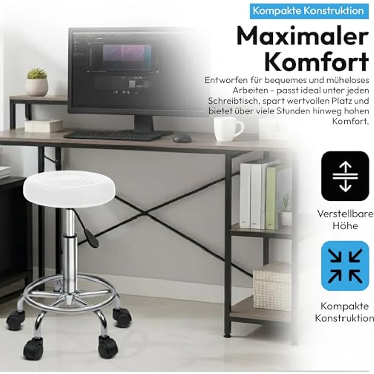 Ergonomie rollbarer Arbeitshocker Drehhocker Barhocker Praxishocker Rollhocker höhenverstellbar, weiß – Bild 7