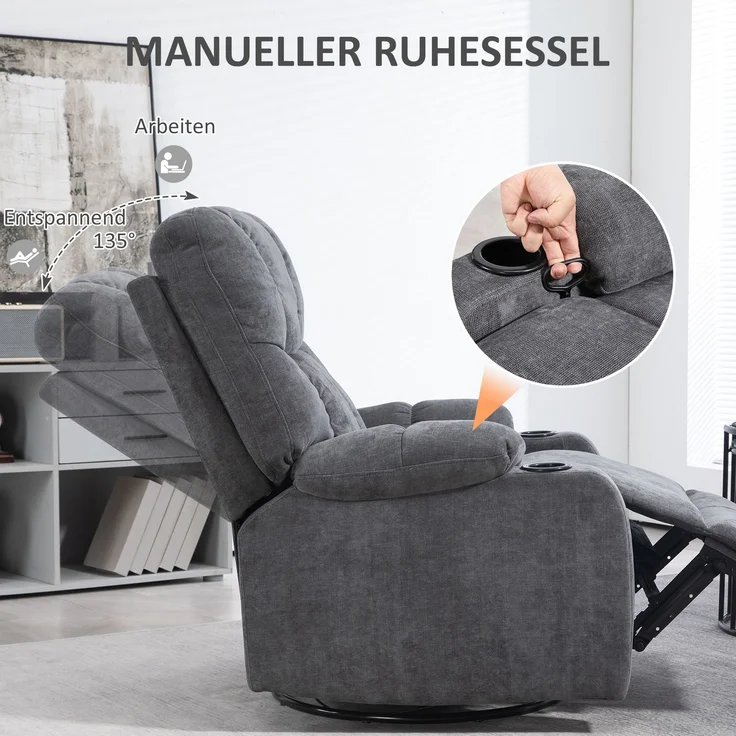 Wohnora-Relaxsessel mit Fußstütze, Liegesessel, drehbar, bis 150 kg, Stahlrahmen, 88x96x108cm, Dunkelgrau,H 1080cm x T 880cm x B 960cm – Bild 5