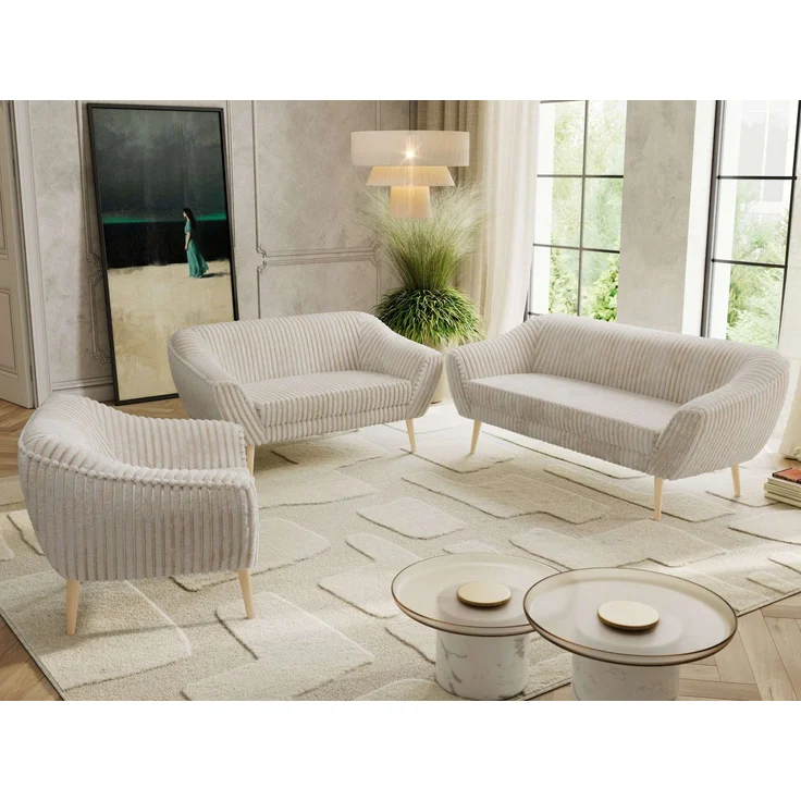 Wohnzimmerset PIRS 1-2-3, Skandinavisches Komplettset, Wellenfederung, Buche Füße, Sitzgruppe, Möbelset - Beige Cord – Bild 3