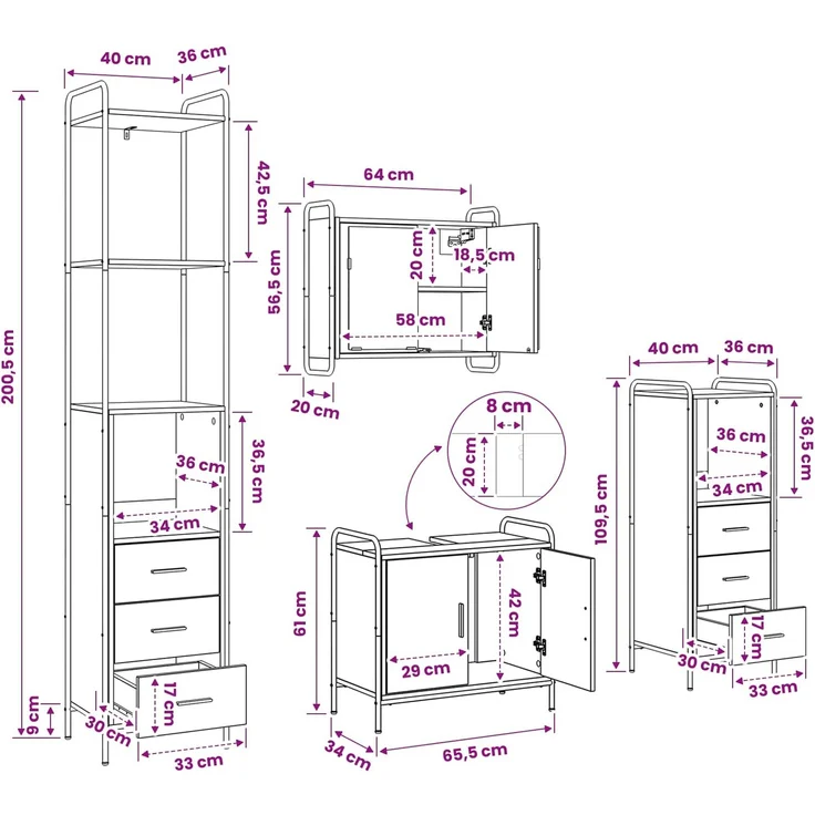 vidaXL Badezimmerschrank-Set 4 stk. Sonoma-Eiche 40 x 36 x 200,5 cm 3444664 – Bild 12