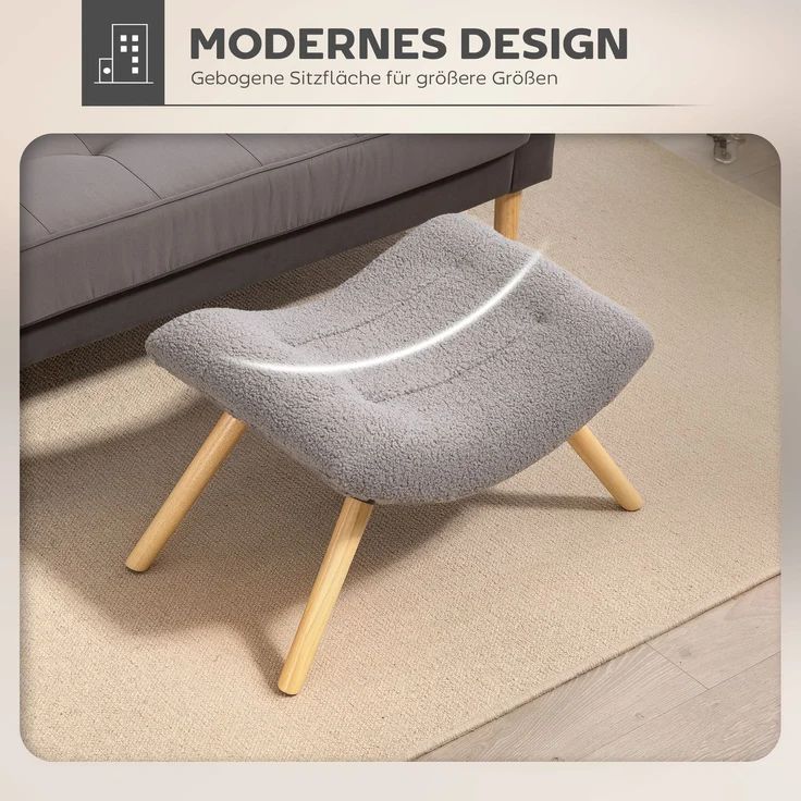 MELAYR, Moderner Fußhocker mit Fleece-Bezug und Holzbeinen, gepolstert, für Wohnzimmer, 67 x 45 x 38 cm, Hellgrau – Bild 6