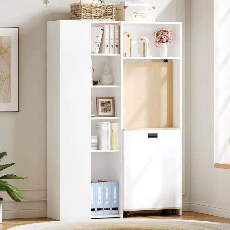 ZUBALIYA Klappbarer Schreibtisch mit Ablagen –2-in-1-Bücherregal und Schreibtisch, klappbar, mit Steckdose und USB-Anschluss, höhenverstellbare Ablagen, Kippschutz, weiß-Schreibtisch,Eck-Schreibtisch –links – Bild 8