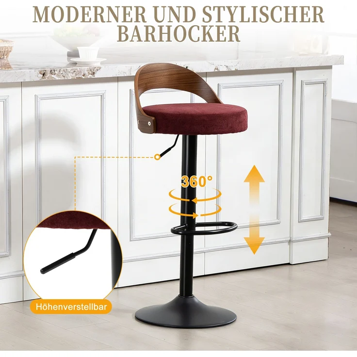 LVHOM Barstuhl 2er Set, 360° drehbarer Barhocker mit Rückenlehne und Fußstütze, höhenverstellbarer Tresenhocker aus Bugholz & Leinenstoff, Weinrot – Bild 3