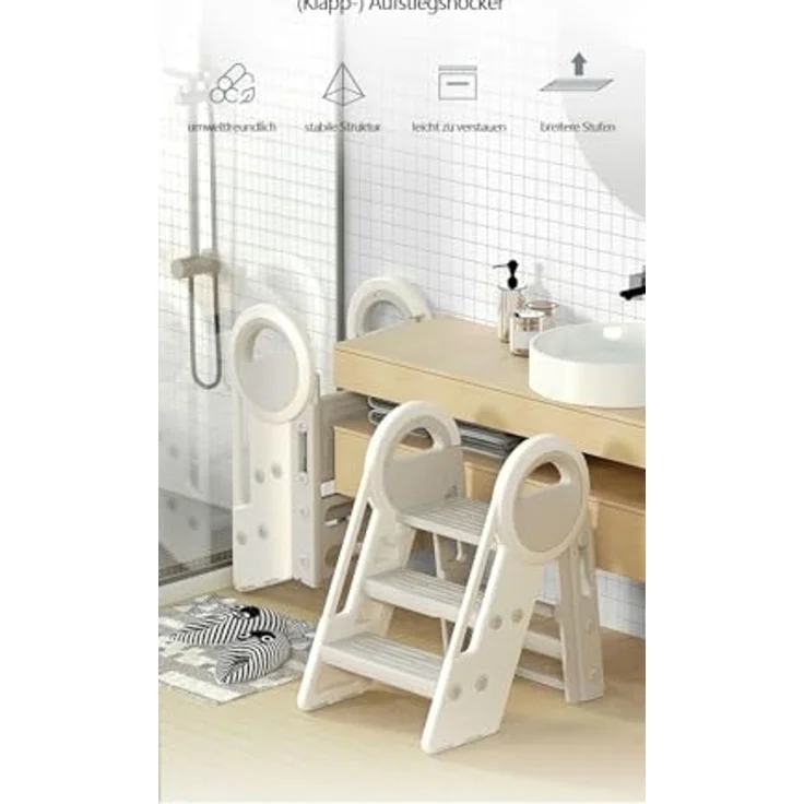habeig Tritthocker Klappbarer Kindertritt 2-3 Stufen 65 cm Höhe bis 75 kg Kinderleiter, 2-3 Trittstufen einstellbar – Bild 5