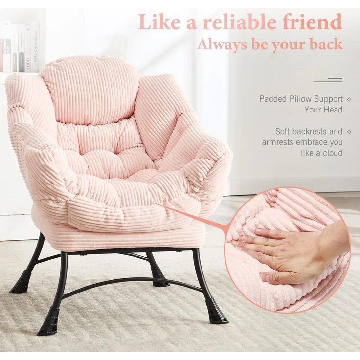 LVHOM Relaxsessel mit Hocker, Loungesessel mit Seitentasche, Lesesessel aus Cordstoff, bequem gepolstert, Metallgestell, bis 180kg belastbar, Rosa – Bild 6