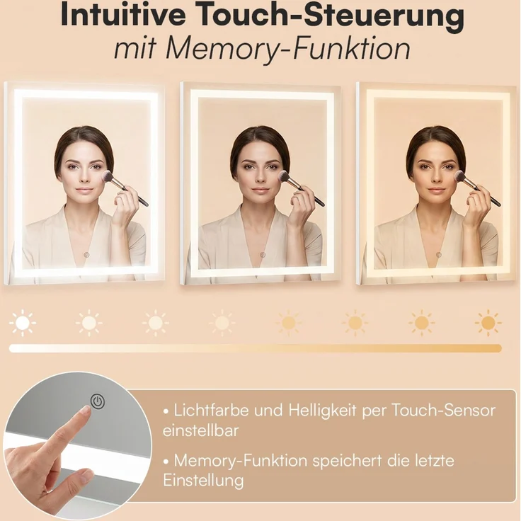 Bellamio 'Livny' Set aus Schminktisch mit Spiegel und Wolkenstuhl, LED-Beleuchtung, mit 5 Schubladen, beidseitig montierbar, weiß Hochglanz, 80x53x110 cm, LED-Beleuchtung mit mit 3 einstellbaren Lichtfarben – Bild 2