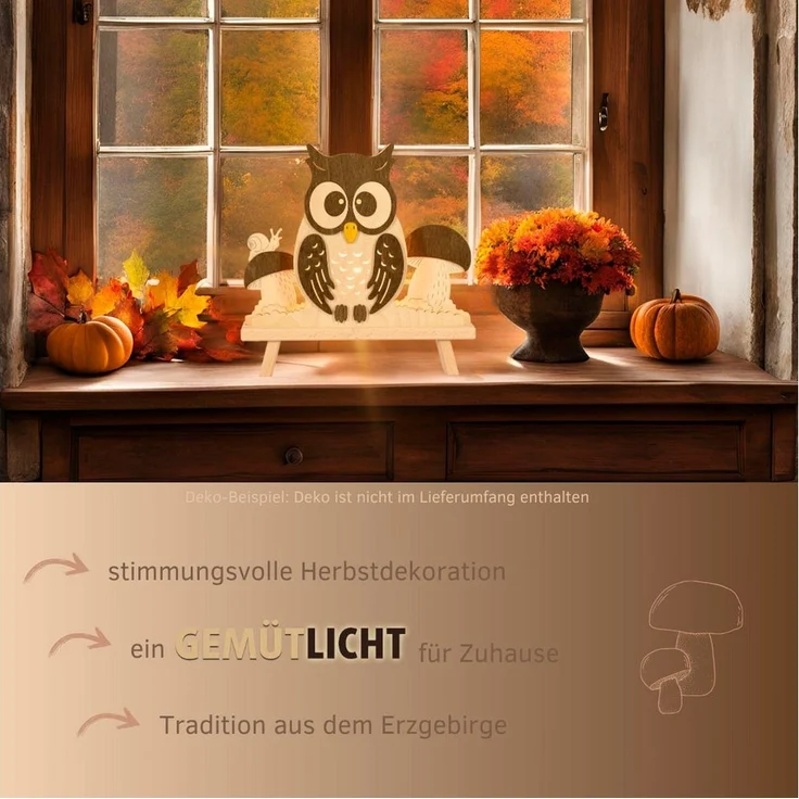 Weigla Dekolicht Eule, Dekolampe aus Holz, NATUR-BRAUN, Made in Germany, Leuchtmittel wechselbar, Erzgebirge garantiert, Herbstdeko innen, Tischlampe – Bild 3