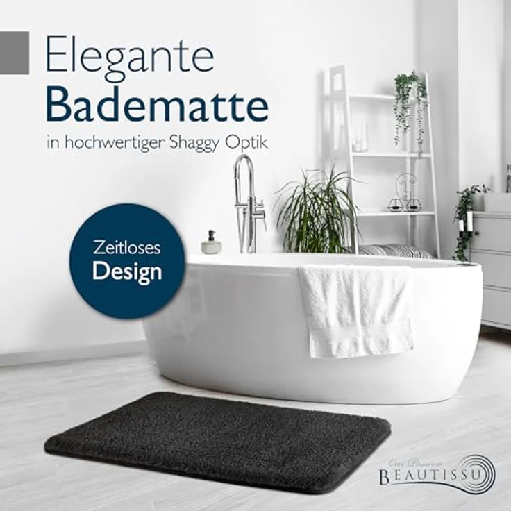 Beautissu Badematte BeauMare FL, rutschfest, Hochflor 30mm, 60x50cm, Schwarz, waschbar, Shaggy Optik – Bild 2