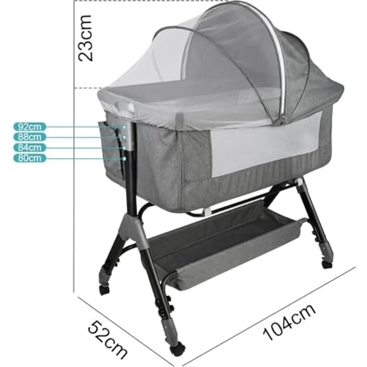HUOLE Beistellbett Baby,4-stufig Höhenverstellbar,3 in 1 Babybett und Babywiege,Kinderbett mit Rollen,Moskitonetz, 20° Neigung Babybett, 104 * 52 * 100-110cm – Leinengrau – Bild 5