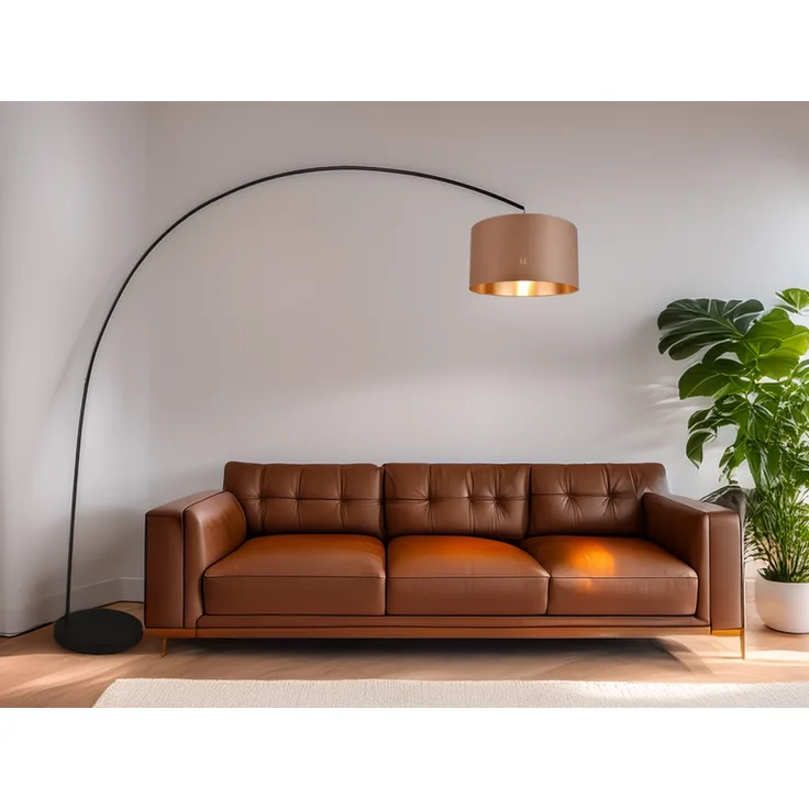 Große Bogenlampe MANSUR Metall Schwarz mit Stoff Lampenschirm Taupe, Höhe 210cm