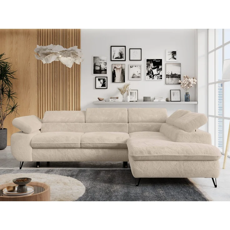 Ecksofa mit Bettfunktion, Modern Sofa, L-form, Einstellbare Kopfstützen, Bettkasten - PETER - Creme Plüsch - Topper T25 - rechts – Bild 1