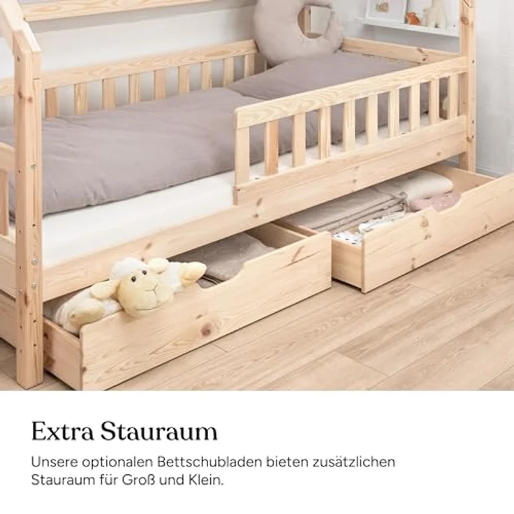 Ehrenkind Hausbett aus nachhaltigem Kiefernholz (mit abnehmbarem Rausfallschutz aus nachhaltigem Holz, Erhältlich in Natur und Weiß Kinderbett 80x160/90x200 cm), höhenverstellbar, nachhaltiges Kiefernholz, hergestellt in Europa – Bild 8