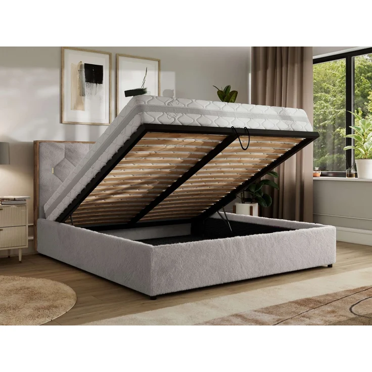 Polsterbett mit Bettkasten LARINO CLASSIC 140x200 cm Lattenrost und Gasdruckfedern, stabiles Bettgestell, modernes Design Multipocket Matratze - Hellgrau Plüsch - ELORI LUX – Bild 3