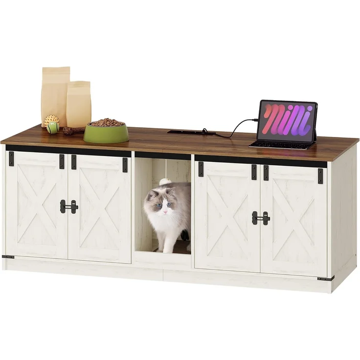 Katzenschrank mit USB-Anschlüssen und Steckdosen, Katzenklo Schrank, 140 cm Verstecktes Katzentoilette für 2 Katzen, Katzenhaus für den Innenbereich mit Katzenglocke, Braun-Weiß – Bild 2