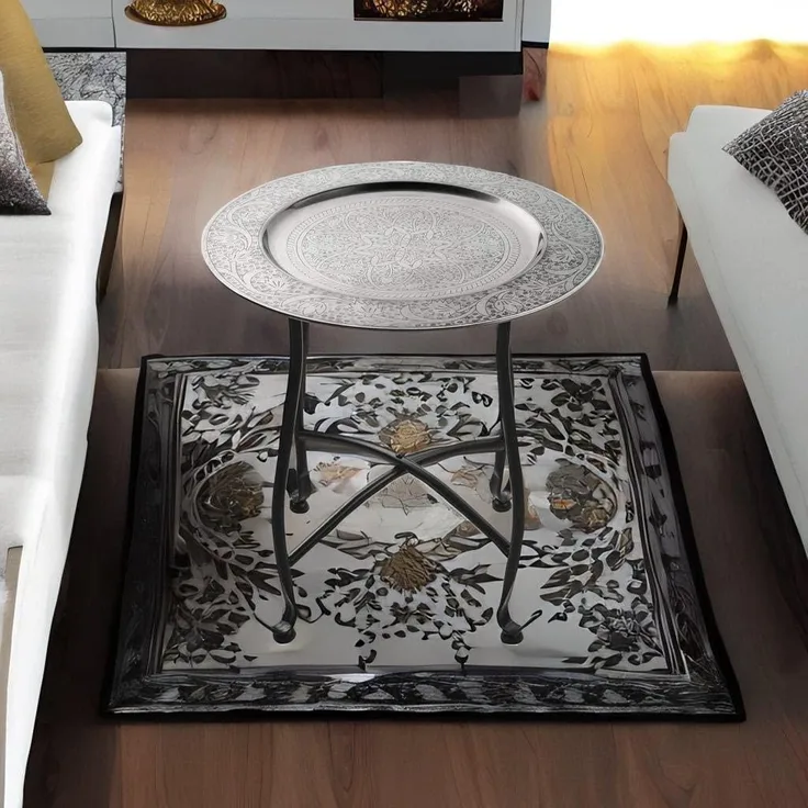 Marokkanischer Tisch Beistelltisch aus Metall Sule ø 40cm rund | Orientalischer runder Teetisch klein mit klappbaren Gestell in Schwarz | Das Tablett Diese Klapptische ist orientalisch in Silber