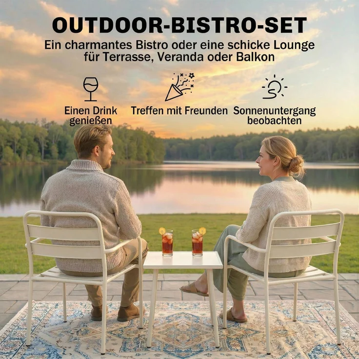 MELAYR, Bistroset 3 teiliges Metall Gartenmöbel-Set mit 2 Gartenstühlen, Glastisch, 55 x 58 x 82 cm, Weiß – Bild 6