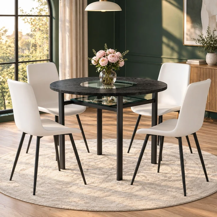 Esstisch-Set mit Glasintarsie & Ablage, Ø 100x76 cm, Schwarz in Holzoptik/Weiß – Bild 1