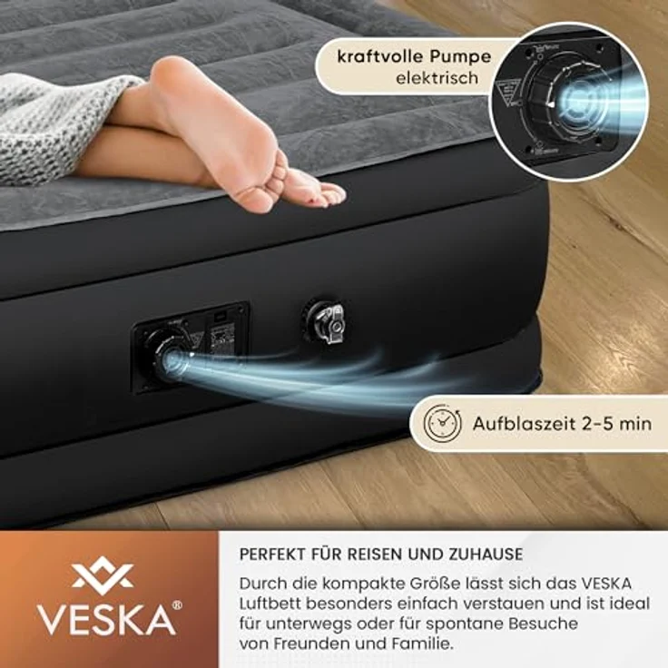 VESKA Luftbett Aufblasbare Matratze Selbstaufblasend Gästebett (mit eingebauter elektrischer Pumpe), für Camping und Heimgebrauch mit Tasche – Bild 5