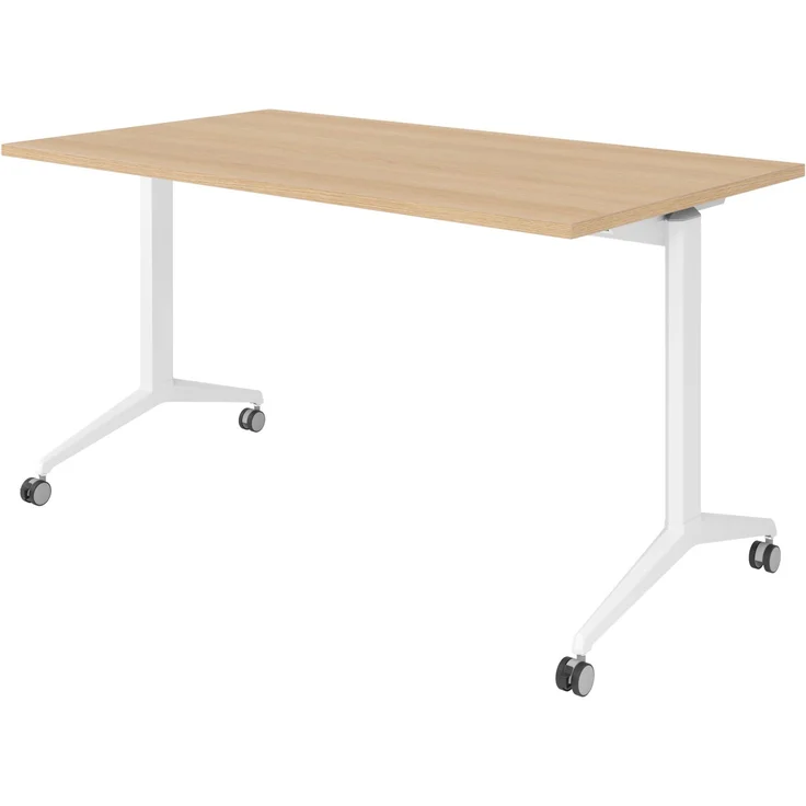 bümö Seminartisch klappbar fahrbar 140x80 cm Eiche, Gestell weiß - Klapptisch staffelbar, mit vier Doppelrollen Büro Schulungstisch, KFZ14-E-W – Bild 1