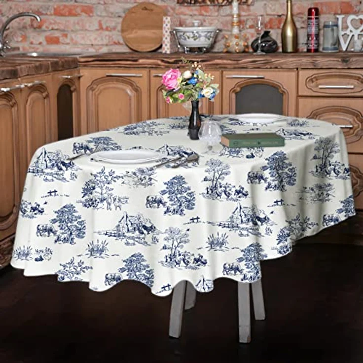 Rustikale ovale Tischdecke, 152,4x213,3 cm, blau-weiß, Landhaus-Tischdecke, klassischer französischer Dorfdruck, Polyester, wasserdicht, Tischdecke für Bauernhaus, Küche, Innen- und Außenbereich, – Bild 7