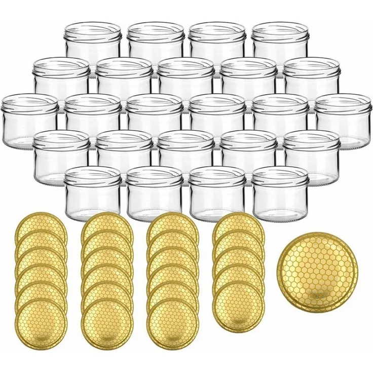 gouveo Einmachglas Vorratsgläser 230 ml rund mit Schraubverschluss TO 82, (24 Stück, Bienenwabe), Gläser für Selbstgemachtes, Marmelade, Wurst