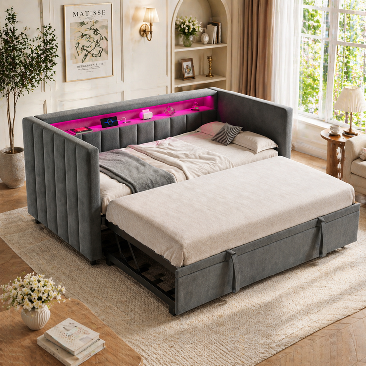 EINHOM Multifunktionales Schlafsofa 90 x 190 cm mit Ausziehbarem Bett, USB-Typ-C-Anschluss, LED-Ambiente, Samtbezug & Stauraum, Stilvolles Design für Wohnzimmer, Gästezimmer oder Jugendzimmer. Gray (Ohne Matratze)