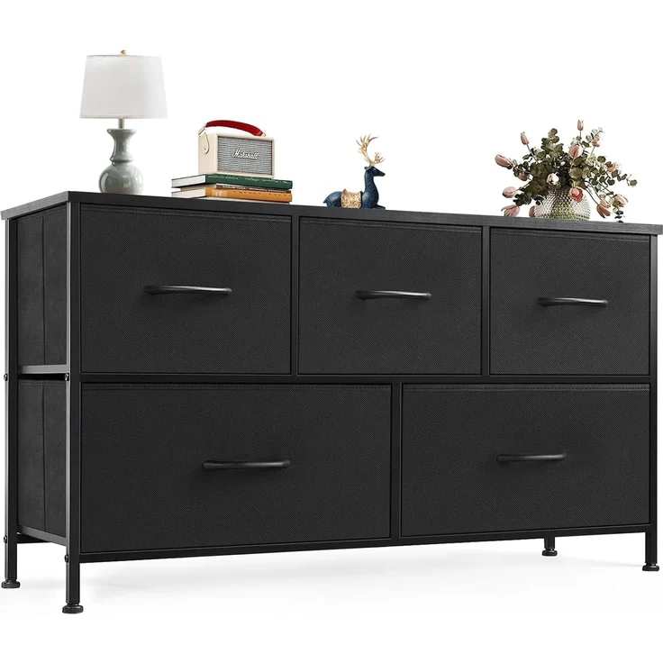 Sweetcrispy Kommode,Sideboard Wohnzimmer für Schlafzimmer mit 5 Stoffschubladen,Einstellbare Füße Schubladenschrank,Komodenschrank für Schlafzimmer,Klassisch Schwarz