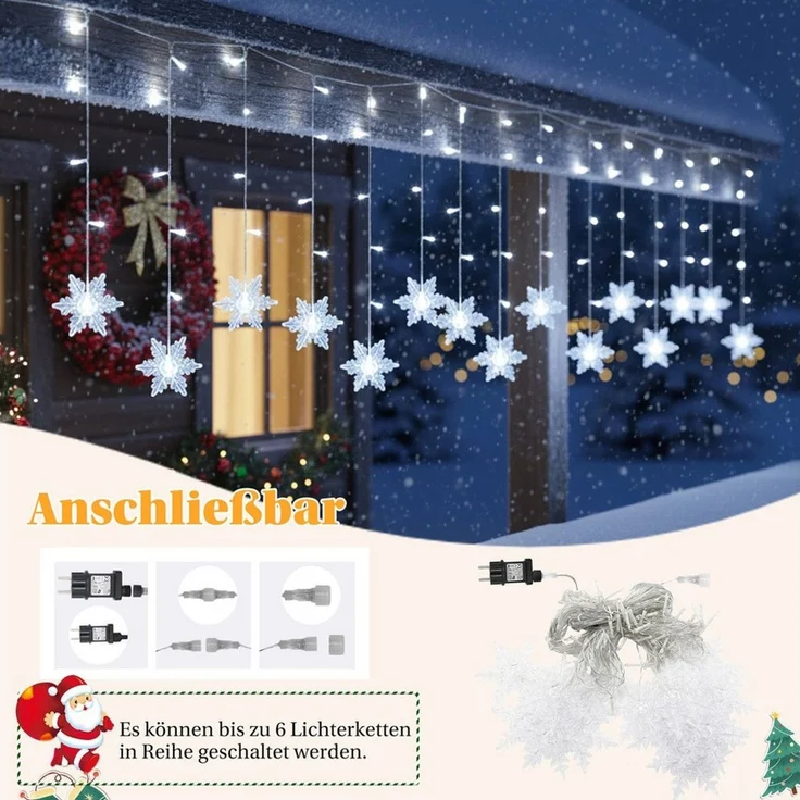SERBASIC Lichtervorhang LED Schneeflocke Lichterkette, mit 8 Modi und Speicherfunktion, Timer, für Außen Weihnachten, Hochzeit, Balkon, Große Schneeflocke – Bild 3