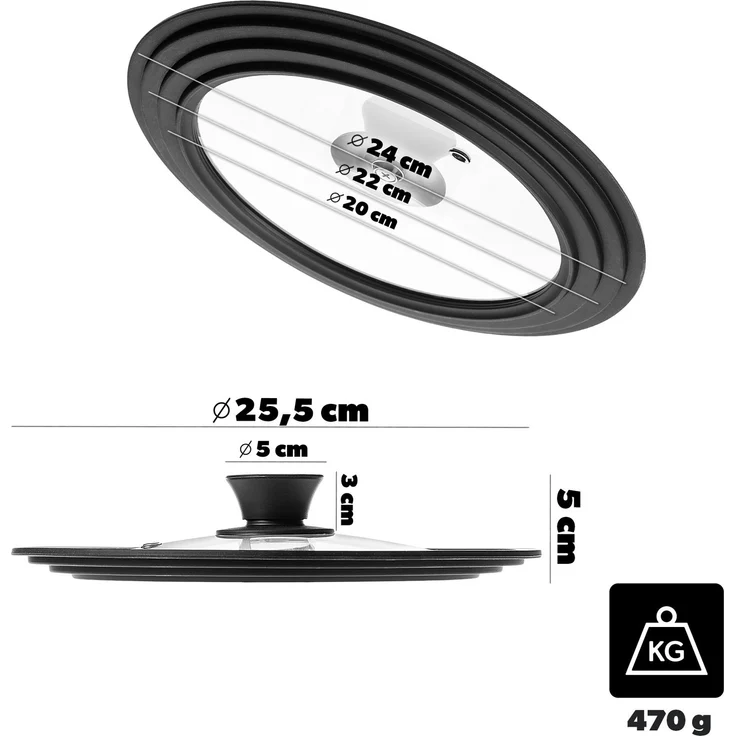 KADAX Universaldeckel 20/22/24 cm, Universal Deckel für Töpfe & Pfannen, Pfannendeckel, Glasdeckel mit Silikonrand und Dampfloch, Topfdeckel (Mattschwarz) – Bild 6
