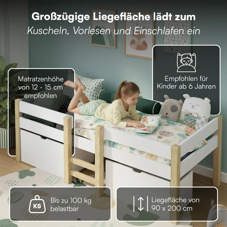 Bellabino 'Aspy' Halbhochbett 90x200 cm mit Leiter, weiß, Kinderbett mit 2 Schubladen, inkl. Rausfallschutz und Lattenrost – Bild 5