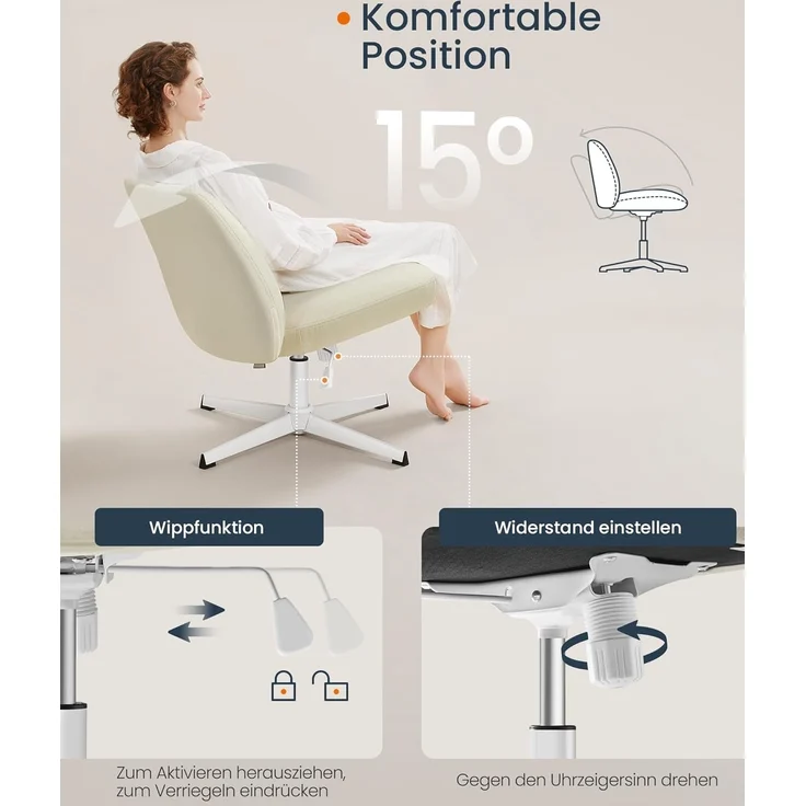 SONGMICS HOME Schneidersitz Stuhl, Schminkstuhl, Drehstuhl ohne Armlehnen, Schreibtischstuhl, breite Sitzfläche, modern, mit Kreuzfuß, höhenverstellbar, Wippfunktion, cremeweiß OBG046W01 – Bild 7