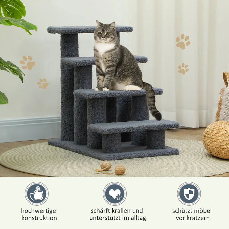JARDJ Tiertreppe Katzentreppe Hundetreppe 4 Stufen Grau 63,5x43x60cm für Katzen und Hunde, ideal für Senioren & kleine Tiere – Bild 4