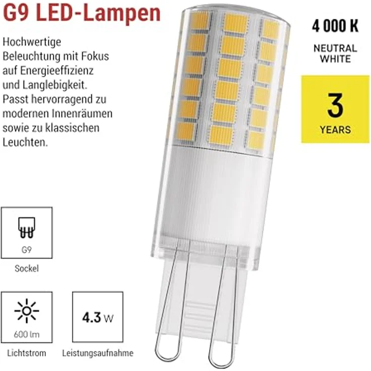 EMOS - G9 LED Lampe CLASSIC 4,3 Watt, ersetzt 48 Watt Halogenlampe - G9 Pin Lampe JC mit Helligkeit 600 Lumen - Neutralweiß 4000 Kelvin - langlebig 30000 Stunden - 300° Abstrahlwinkel - SMD LEDs – Bild 3