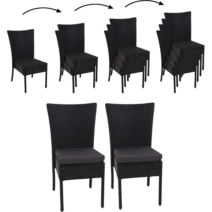 2er-Set Poly-Rattan Stuhl HWC-G19, Balkonstuhl Gartenstuhl, stapelbar ~ schwarz, Kissen dunkelgrau