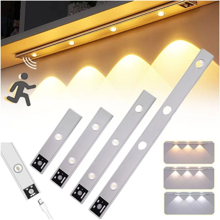 Jibenhome LED Unterbauleuchte Schrankbeleuchtung mit Bewegungsmelder, Dimmbar 3 Farb Schranklicht, USB Aufladbar Schrankleuchten,Lichtleiste mit Sensor Nachtlicht Treppe