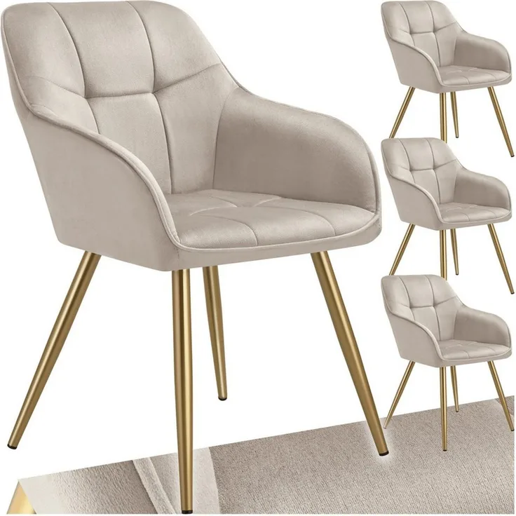 tectake Esszimmerstuhl Polstersessel gepolstert, in Samtoptik, gesteppt, 58 x 62 x 82 cm (Küchenstuhl Marilyn in taupe/gold, 4 St), schlanke, goldene Stahlbeine, bodenschonend, Belastbarkeit 120 kg
