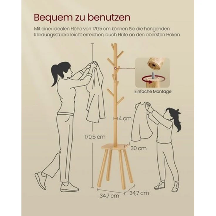 Vasagle Garderobenständer, Kleiderständer, mit 8 Haken und Ablagefläche, 170,5 cm hoch für Mäntel, Hüte, Taschen, Eingangsbereich, Flur, Schlafzimmer, naturbeige RCR033N01 – Bild 4