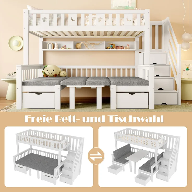 Hochbett 90x200 cm, multifunktionales Kinderbett mit integriertem Klapptisch, Stauraumleiter und gepolstertem Unterbett – Bild 5