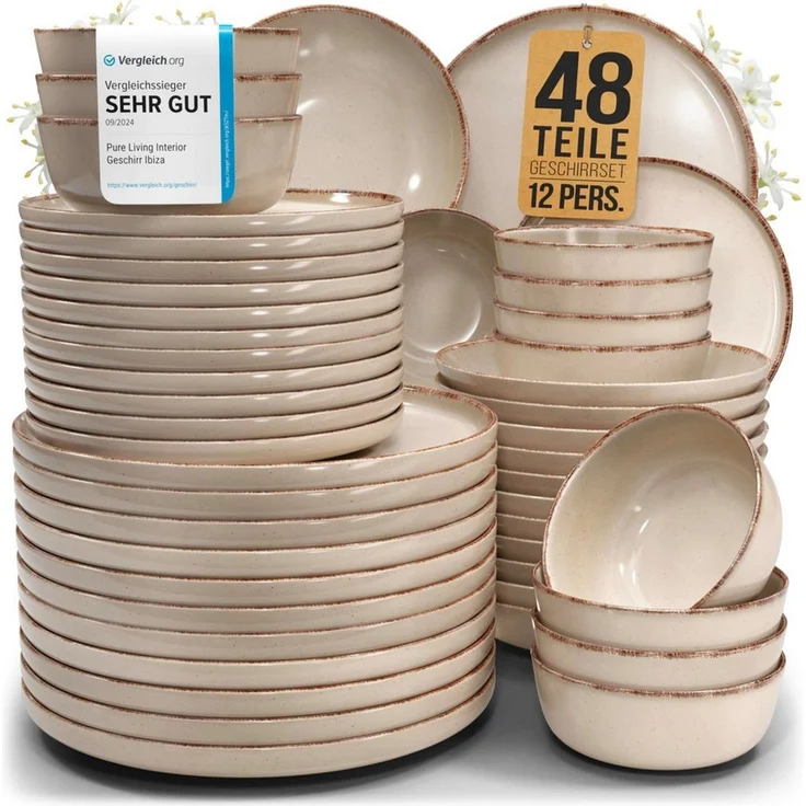 PURE LIVING INTERIOR DESIGN Geschirr-Set Rustic aus Steingut, 48-tlg, für 12 Personen, Beige (48-tlg), 12 Personen, Steingut – Bild 1