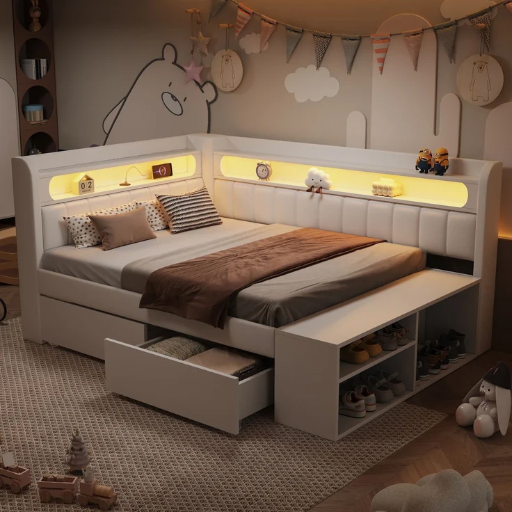 Merax Kinderbett, Einzelbett, Schlafsofa 90x200cm mit USB-Anschluss und LED-Lichtleiste, inklusive Schuhschrank und zwei Schubladen, weiß – Bild 2