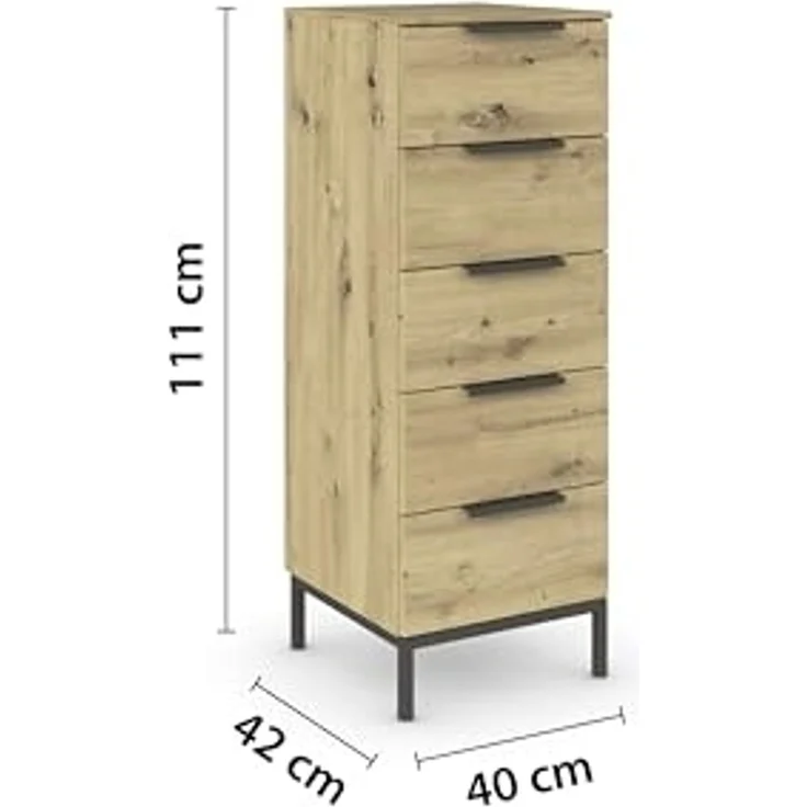 Rauch Möbel Flipp, schmale Hochkommode mit viel Stauraum für Flur, Wohnzimmer, Schlafzimmer, mit Metallkufe graphit, Eiche Artisan, 5 Schubkästen, Griffe graphit, 40 x 111 x 42 cm – Bild 3