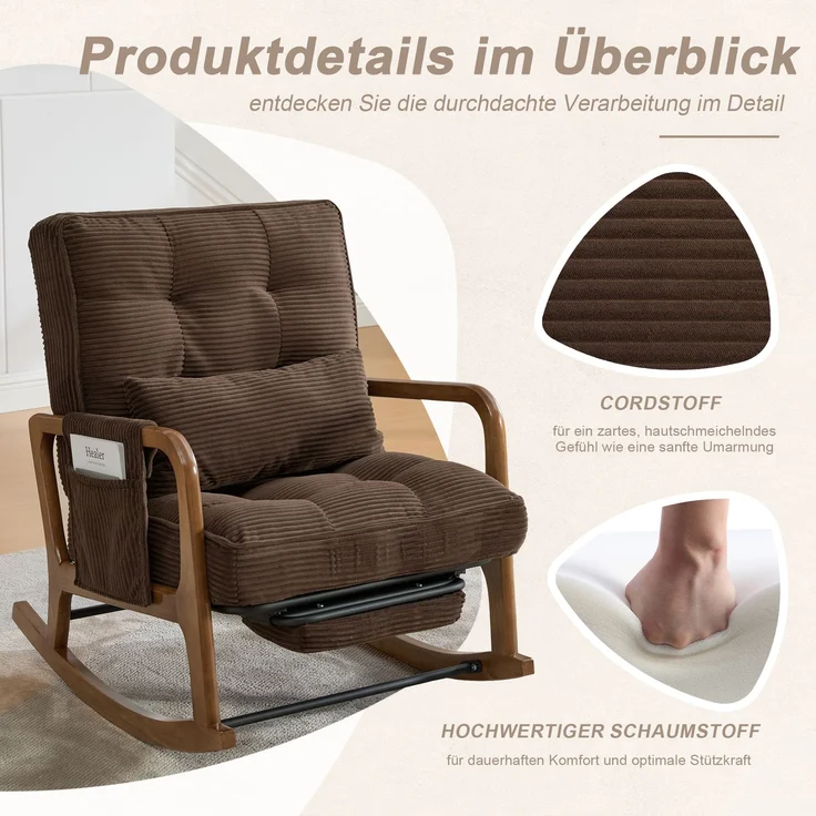 LVHOM Schaukelstuhl mit ausziehbarer Fußstütze, Relaxsessel mit verstellbare Rückenlehne, Loungesessel mit Seitentasche, bis 150 kg belastbar, Braun – Bild 7