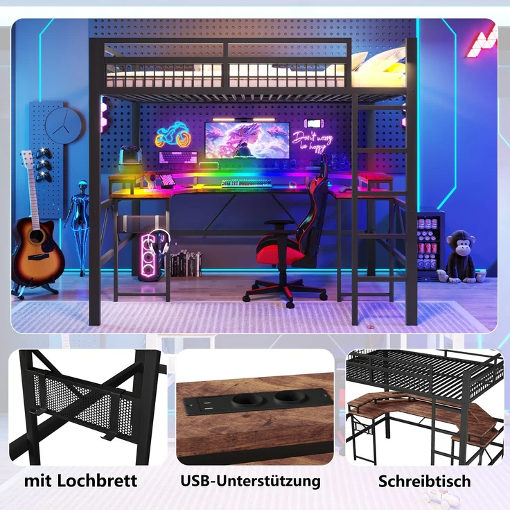 EINHOM Hochbett, 140 x 200 cm, Eisenrahmen, mit Farbwechselnder LED-Lichtleiste, mit Schreibtisch, 1 USB-Anschluss + 1 Typ-C-Anschluss und 2 Steckdosen, mit Lochwand, Schwarz (Ohne Matratze) – Bild 6